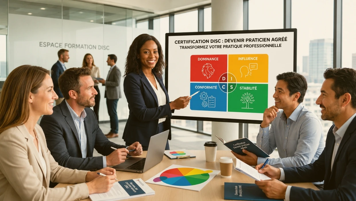 Formation de groupe à la certification DISC animée par une consultante devant un écran présentant les 4 profils comportementaux (Dominance, Influence, Stabilité, Conformité).
